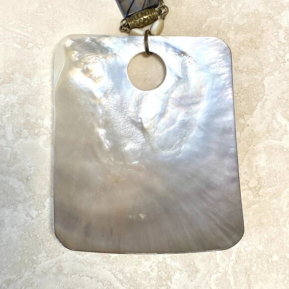 Rainbow Abalone Pendant & Dark Blue Mother of Pearl Bronze Link Long Necklace - Picture 7 of 15